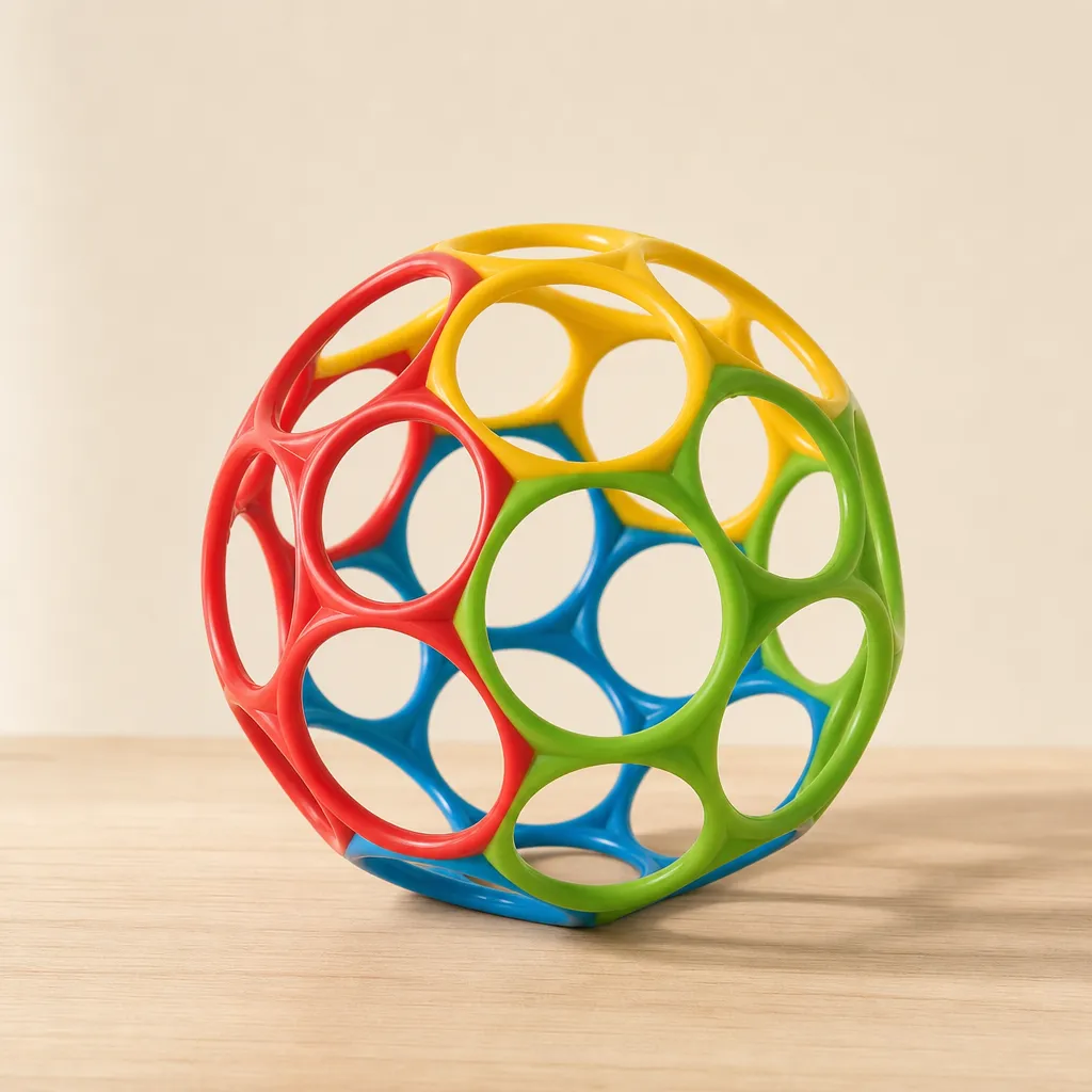 Pelota Oball multicolor —rojo, amarillo, verde y azul— apoyada sobre una superficie de madera clara con fondo crema