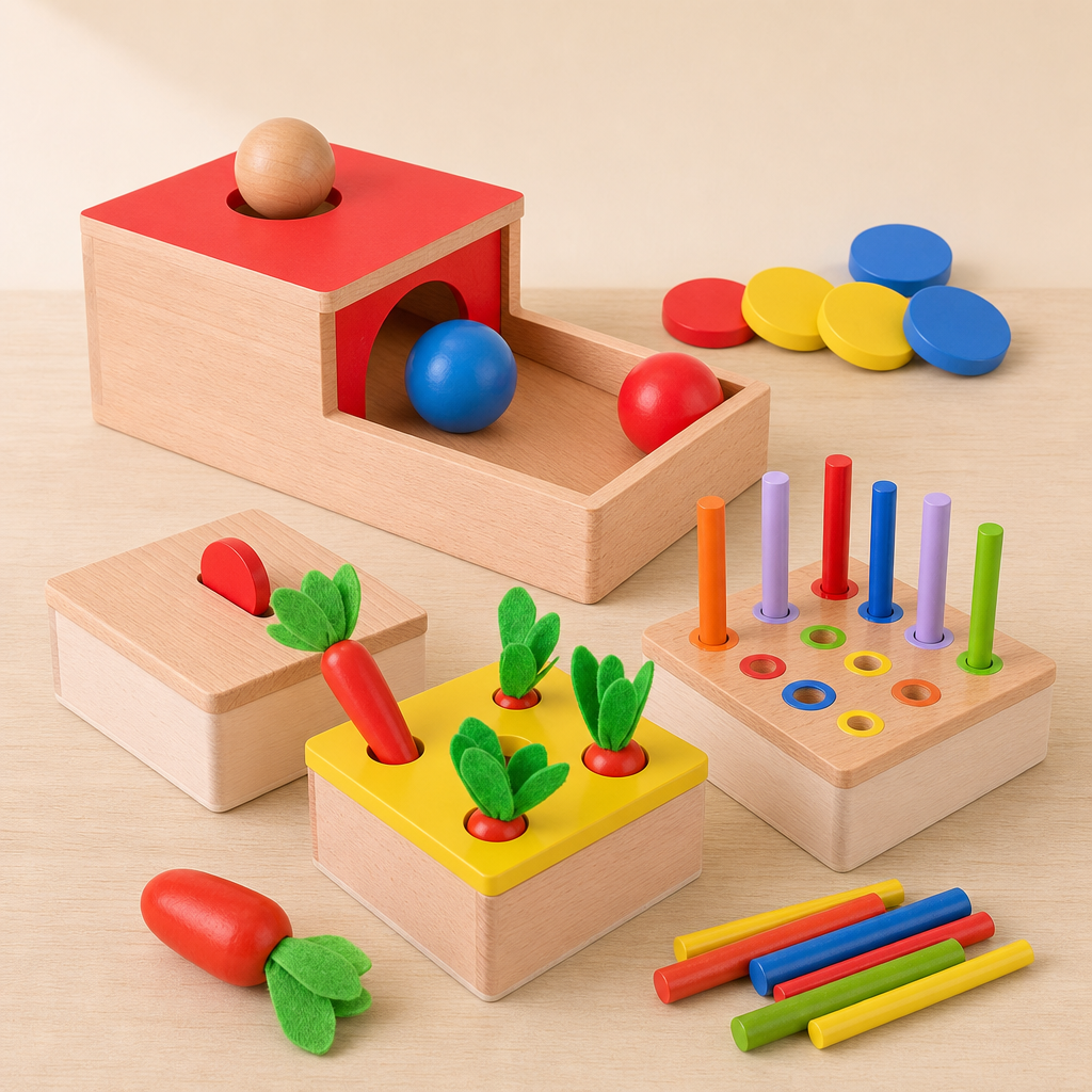 Juguete de madera evolutivo cuatro en uno: caja con bola, panel de palitos de colores, piezas en forma de zanahoria y monedas de madera sobre fondo crema.