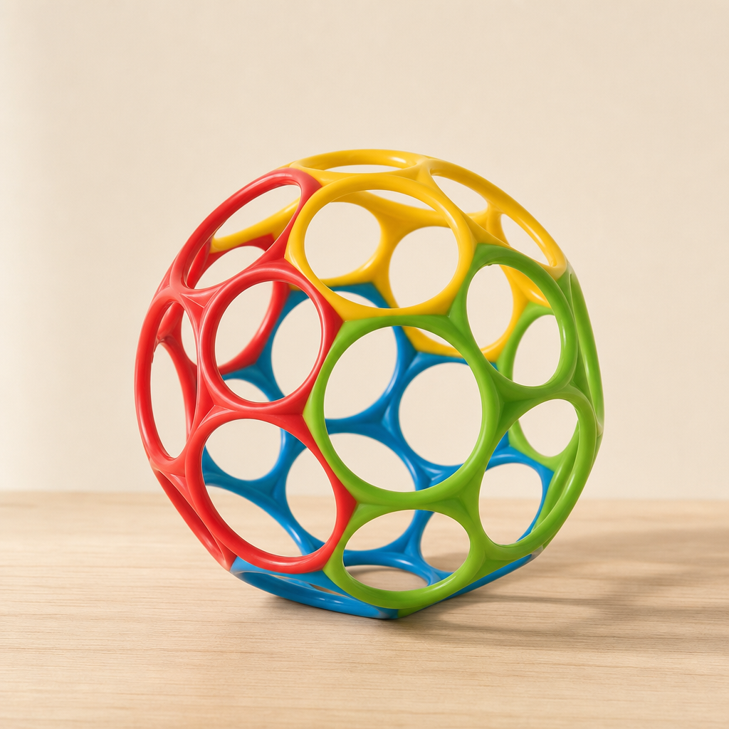 Pelota Oball multicolor —rojo, amarillo, verde y azul— apoyada sobre una superficie de madera clara con fondo crema